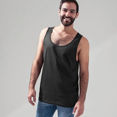 Man wearing a black jersey big tank top for teamwear and branding.