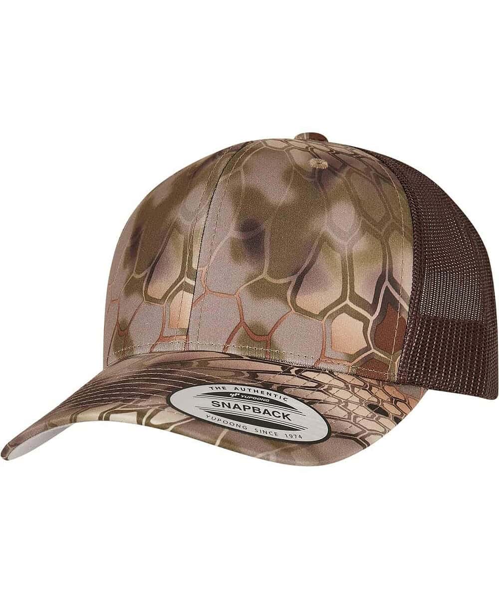 Kryptek camo Yupoong trucker cap with mesh back, stylish and durable.