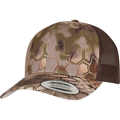 Kryptek camo Yupoong trucker cap with mesh back, stylish and durable.