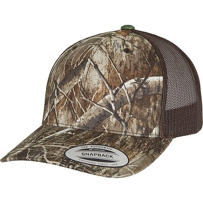 Realtree camo trucker cap with mesh back, perfect for outdoor workwear and casual teamwear.