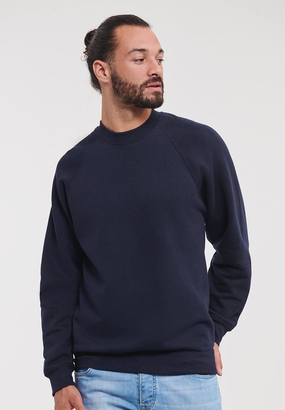 Plain navy sweatshirt with a relaxed fit, ideal for custom embroidery and personalised workwear, suitable for professional uniforms and casual branded apparel.