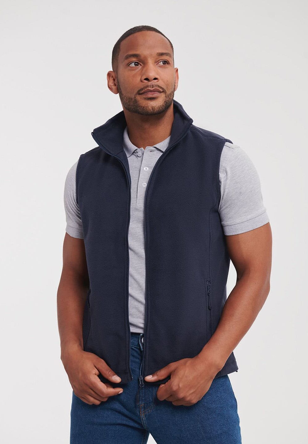 Men's navy softshell vest for personalised workwear and embroidery, ideal for professional uniforms and promotional clothing. Perfect for custom embroidered branding.