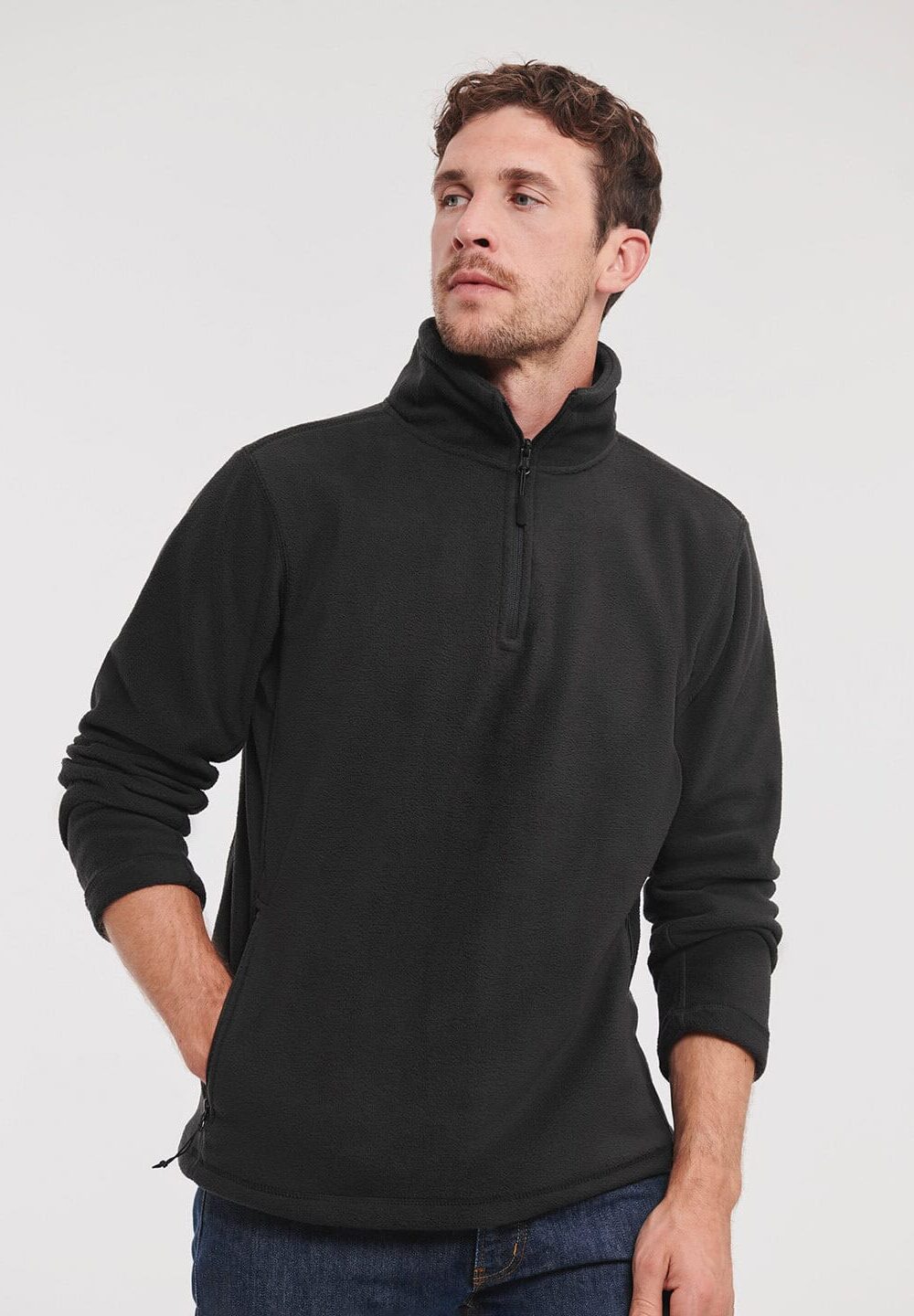 Soft black fleece workwear jacket with half-zip and stand-up collar, ideal for personalised embroidery and uniform printing for workplace uniforms.