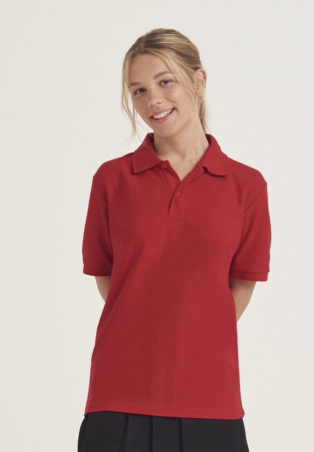 Red embroidered workwear polo shirt for personalised uniforms, ideal for staff or corporate branding, durable and comfortable for professional use.