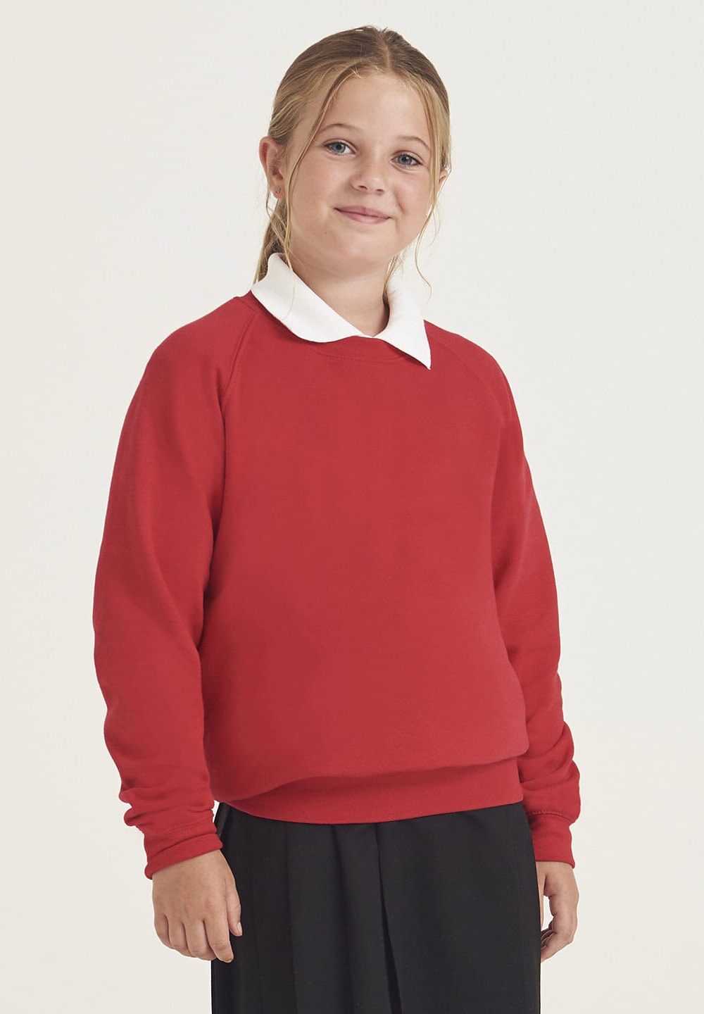 Bright red school sweatshirt with embroidered logo, ideal personalised workwear and uniform for children.