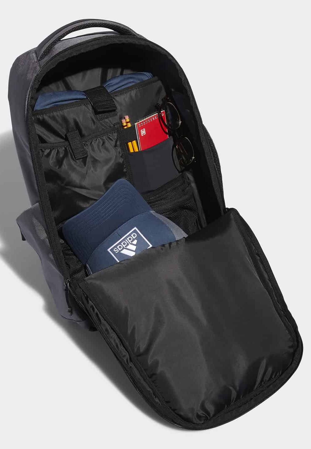 High-quality black embroidered workwear backpack with multiple compartments for personalised uniforms and professional attire.