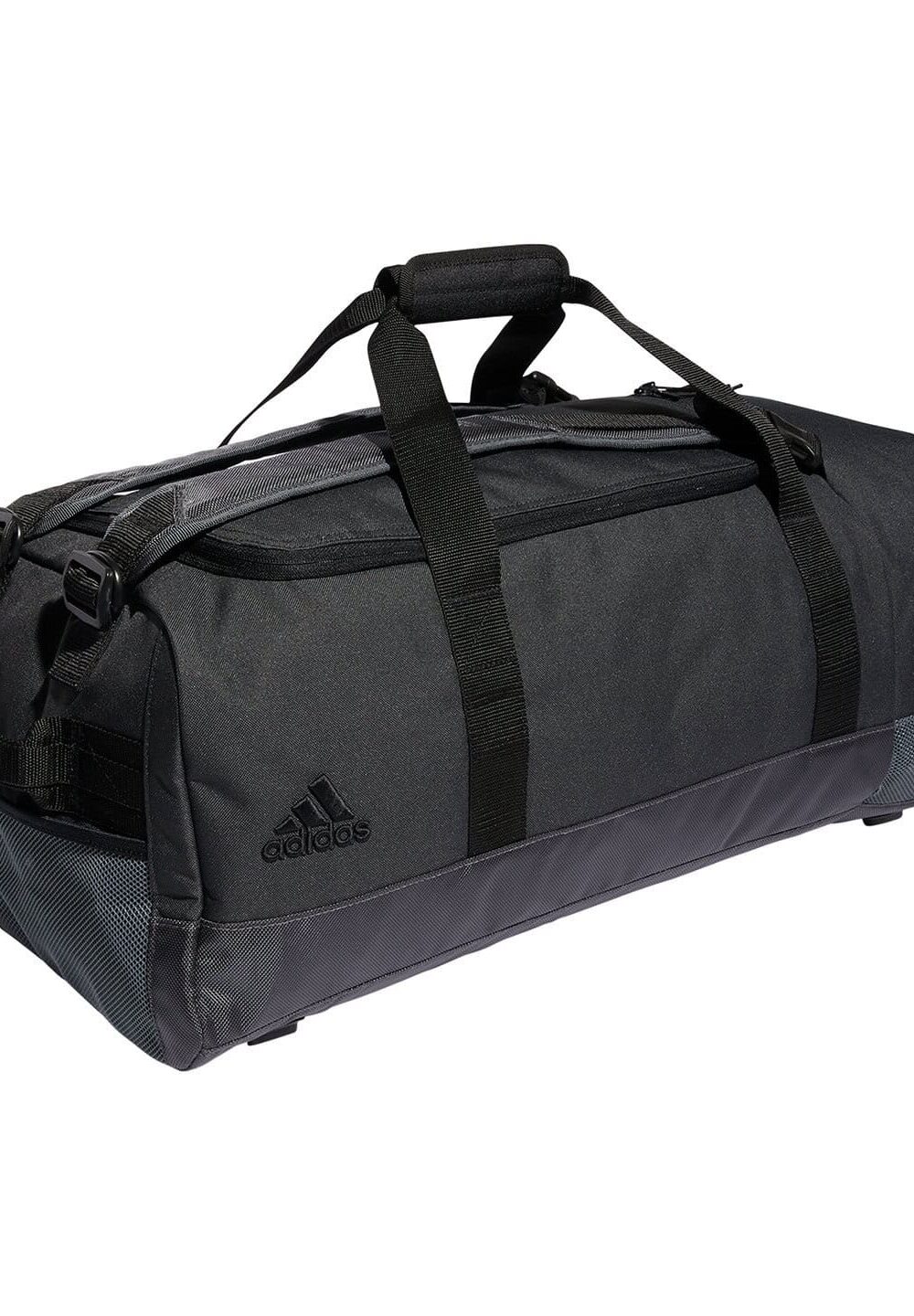 Lightweight black sports duffle bag with multiple compartments and Adidas logo, ideal for gym, travel, and embroidered workwear. Durable, spacious, and versatile for personalised uniforms.