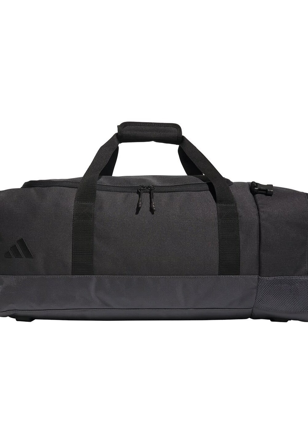 Black sports gym duffle bag with shoulder straps and zippered pockets for fitness, travel, and embroidery workwear. Durable, versatile design for personalised uniforms and sports teams.