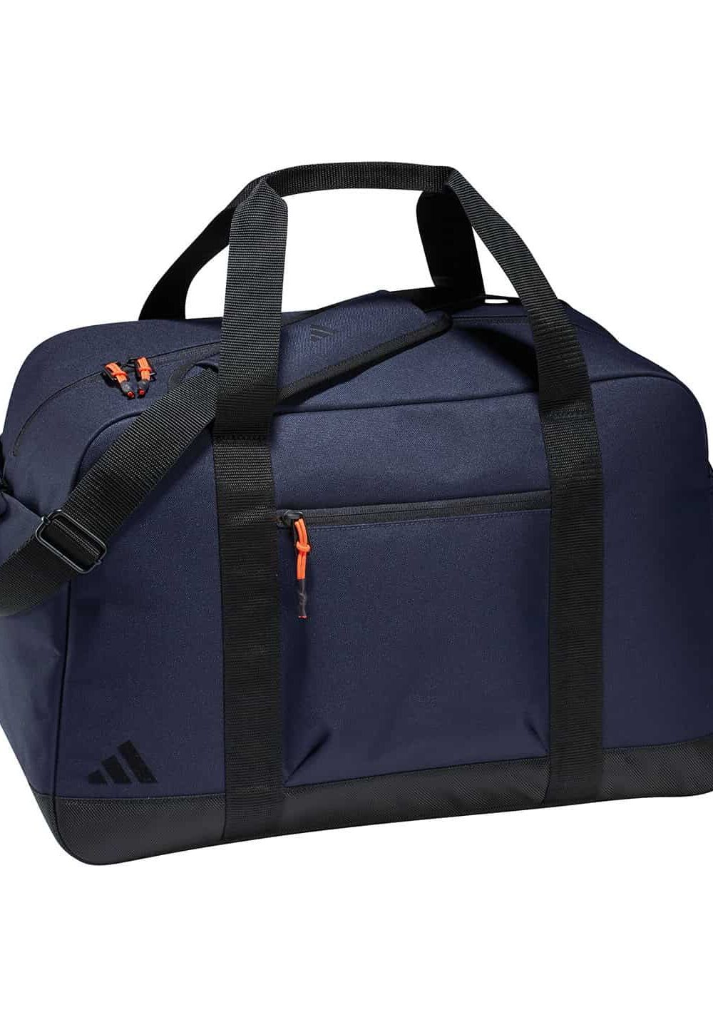 Water-resistant navy blue sports and gym duffle bag with black straps and orange zipper pulls for custom embroidery and personalised workwear. Perfect for sports teams, gyms, and corporate use.
