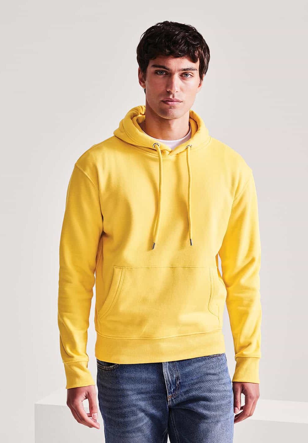 Bright yellow embroidered hoodie with front pocket, drawstring hood, and casual fit, ideal for custom workwear and personalised uniforms for professional or promotional use.