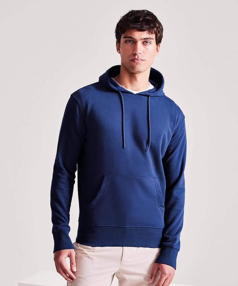 Unisex hoodie in navy blue with front pocket and drawstrings. Custom embroidered or printed by Dynam.