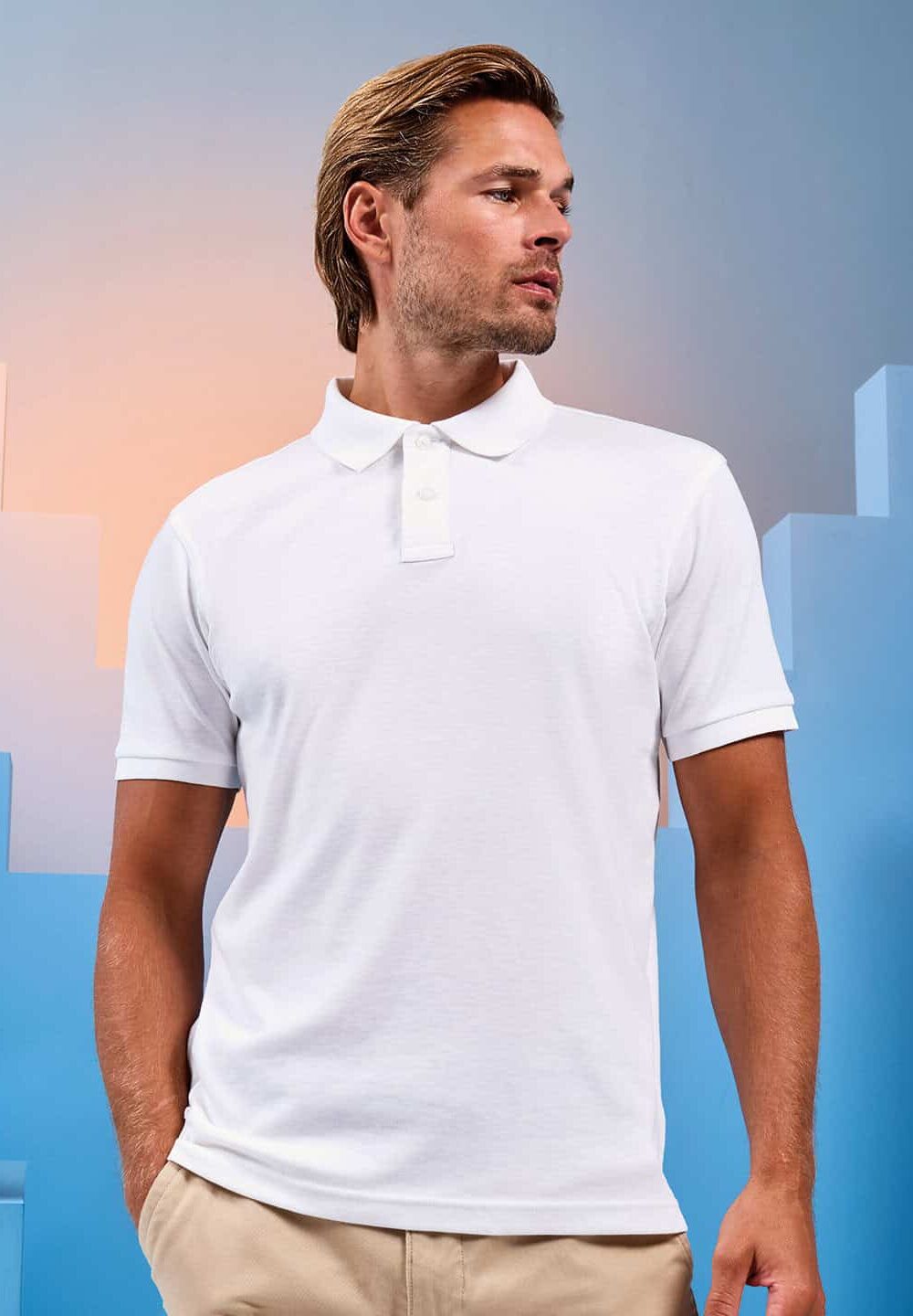 Classic white polo shirt with embroidered workwear and personalised uniform options for professionals. Ideal for staff uniforms, corporate branding, and workwear embroidery solutions.