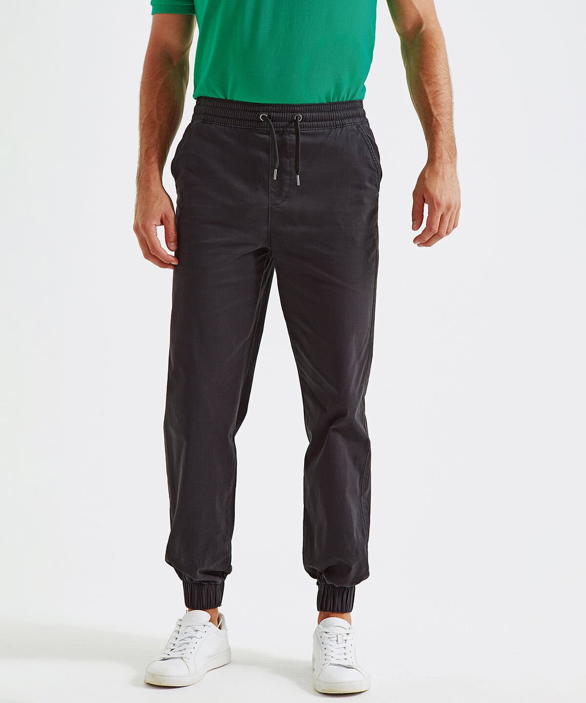 Black workwear joggers with elasticised cuffs and drawstring waist, ideal for personalised embroidered workwear, suitable for various industries.