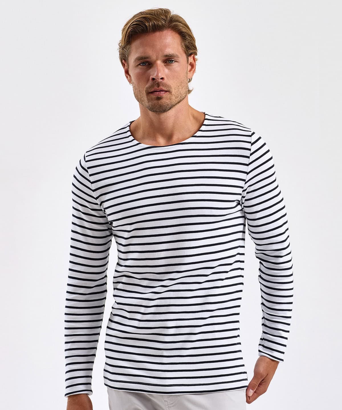 Classic navy and white striped long sleeve workwear top for embroidered uniforms and personalised clothing. Suitable for various industry sectors requiring custom work uniforms.