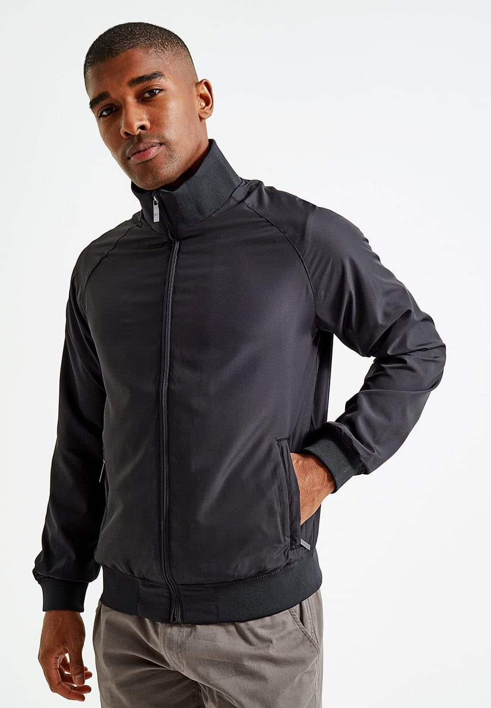 Men's black embroidered workwear bomber jacket, suitable for professional and casual uniforms, featuring durable fabric and stylish design.