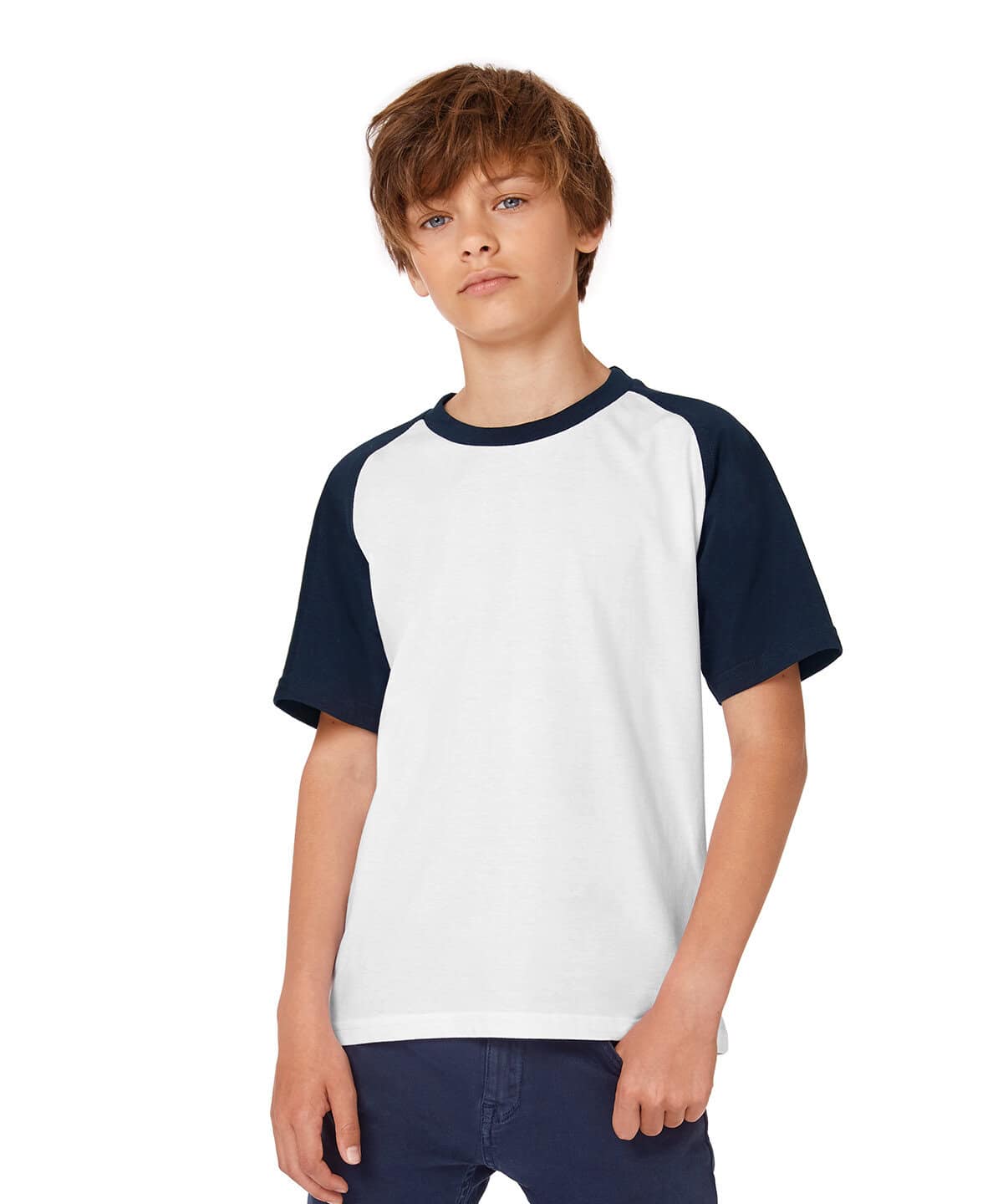 Bright young boy wearing customised sports T-shirt, perfect for personalised workwear and school uniforms, showcasing stylish embroidered decorations for casual or team wear.