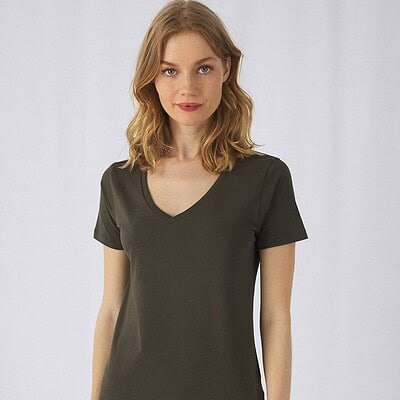 Olive green women's V-neck T-shirt, casual and comfortable.