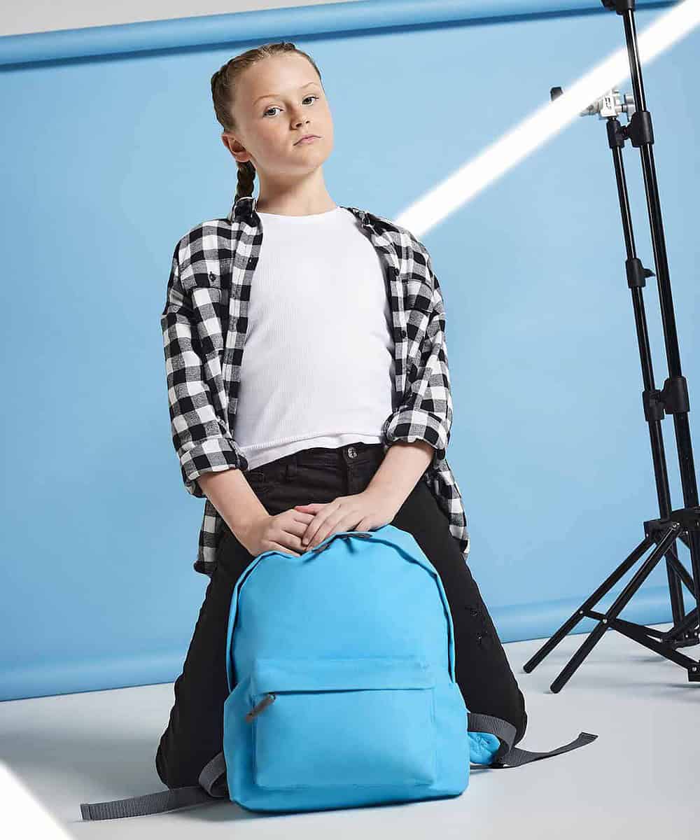 Embroidered junior backpack with custom design, ideal for school or casual use, featuring a vibrant.
