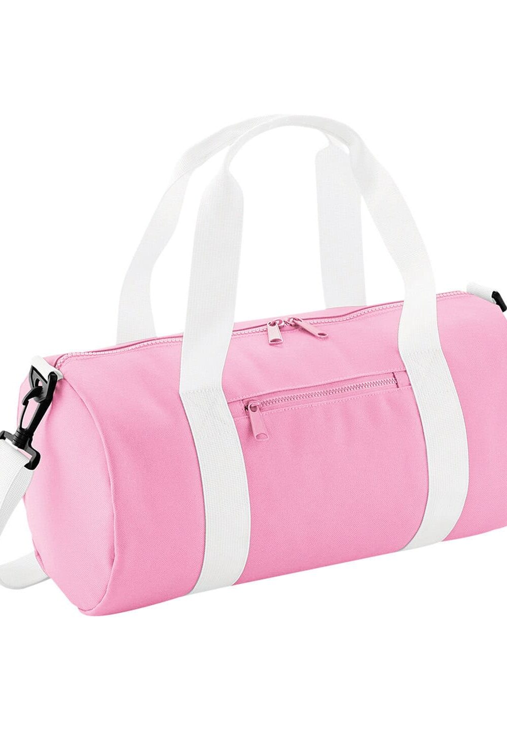 Pink sports duffle bag with white straps, ideal for embroidered workwear and personalised uniforms for sports or gym.