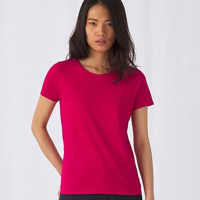 Bright pink women's T-shirt with a round neckline and short sleeves.