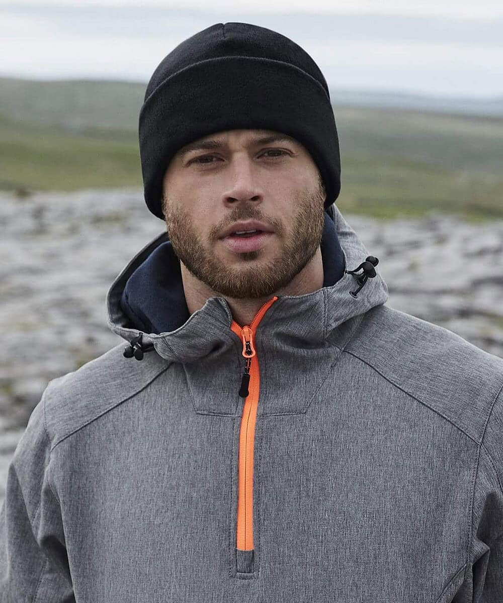 Recycled fleece beanie with cuff, ideal for custom embroidery or printing, perfect for promotional o.