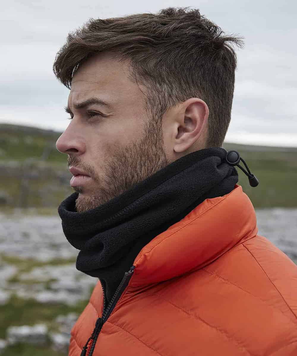 Recycled fleece snood with adjustable toggle, ideal for custom embroidery or printing. Perfect for o.