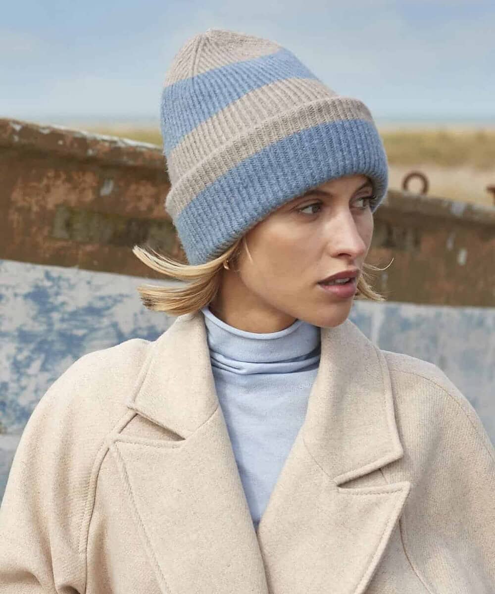 Embroidery-ready colour block beanie in blue, grey, and beige, perfect for personalised branding or.