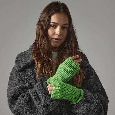 Bright green knitted handwarmers from Beechfield B397R, perfect for embroidery.