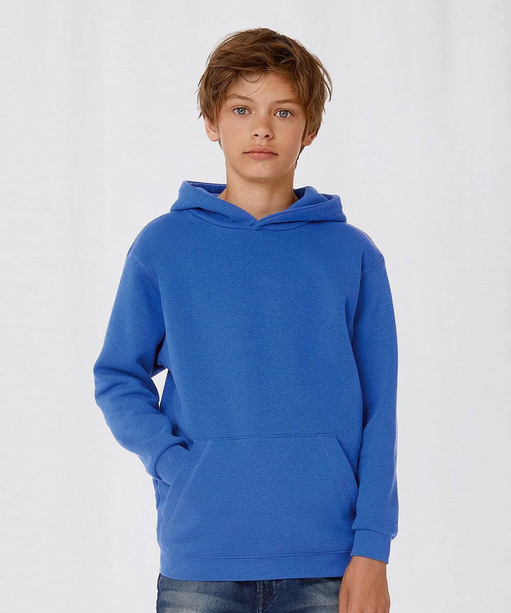 Kids blue hoodie with front pocket, ideal for custom embroidery and printing. Perfect for school or.