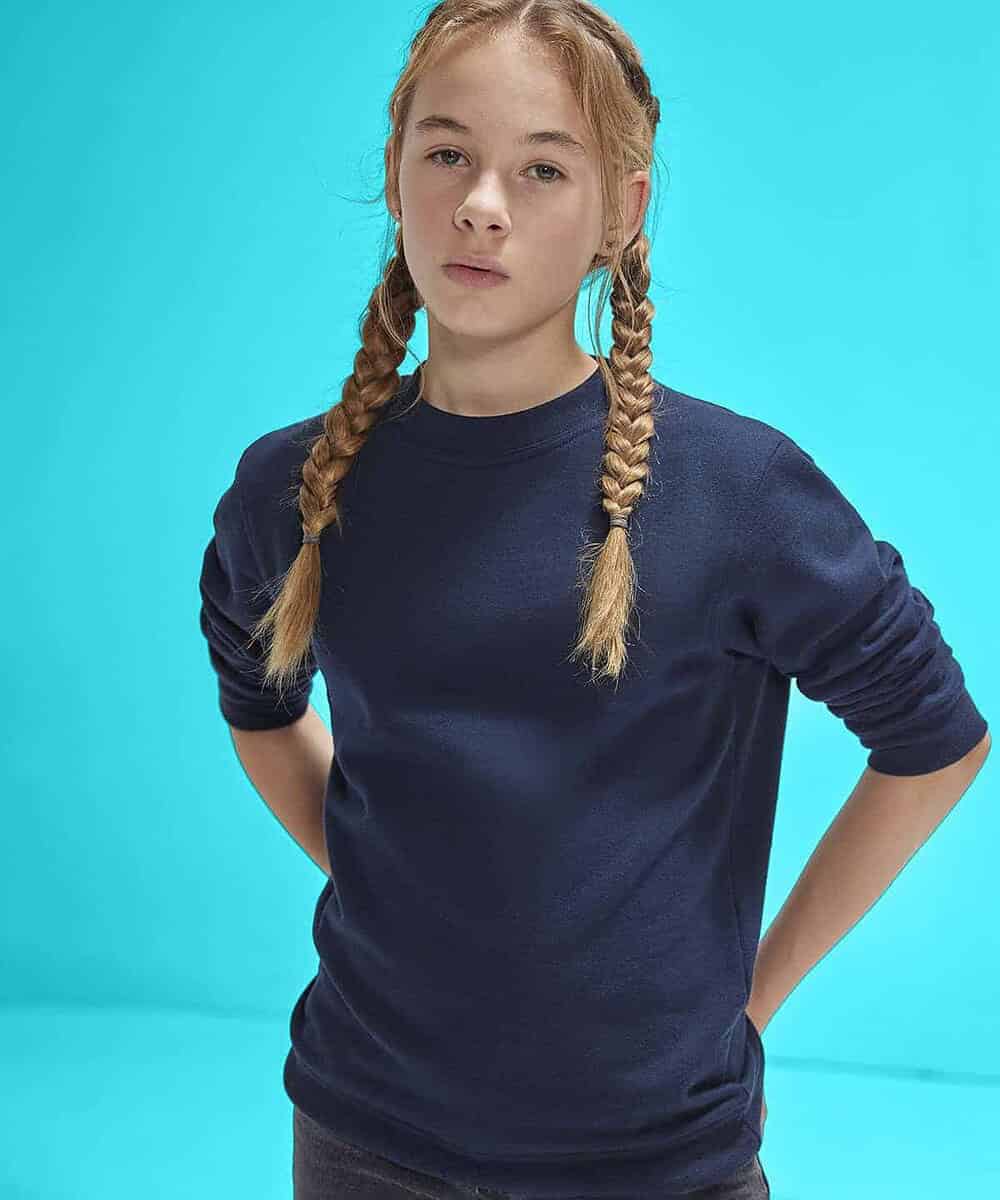 Kids navy crew sweatshirt from Bc Collection B430B, suitable for embroidery.