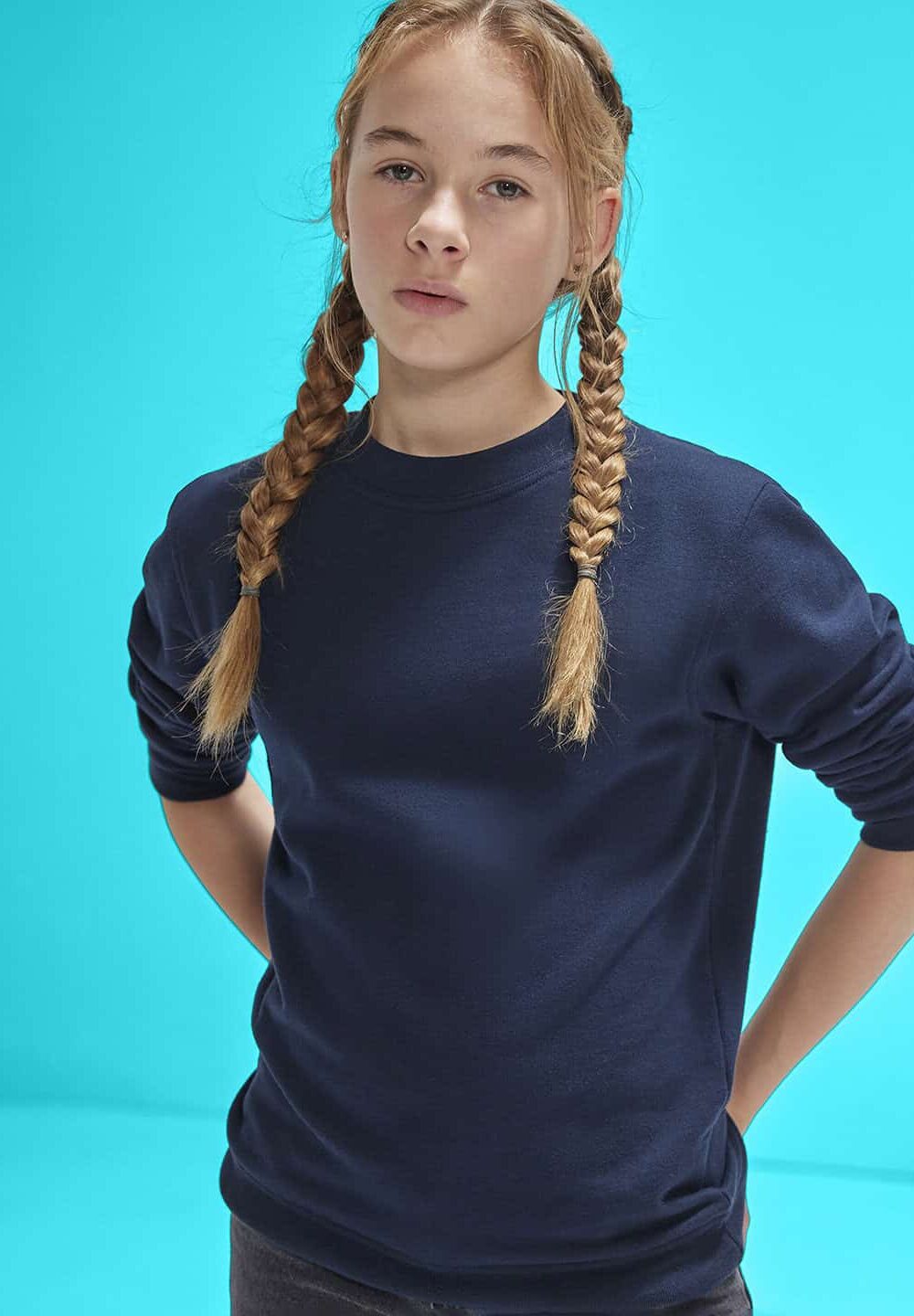 Girls navy blue embroidered workwear sweatshirt for personalised uniform or workwear embroidery. Suitable for schools, teams, and corporate branding with custom embroidery options.