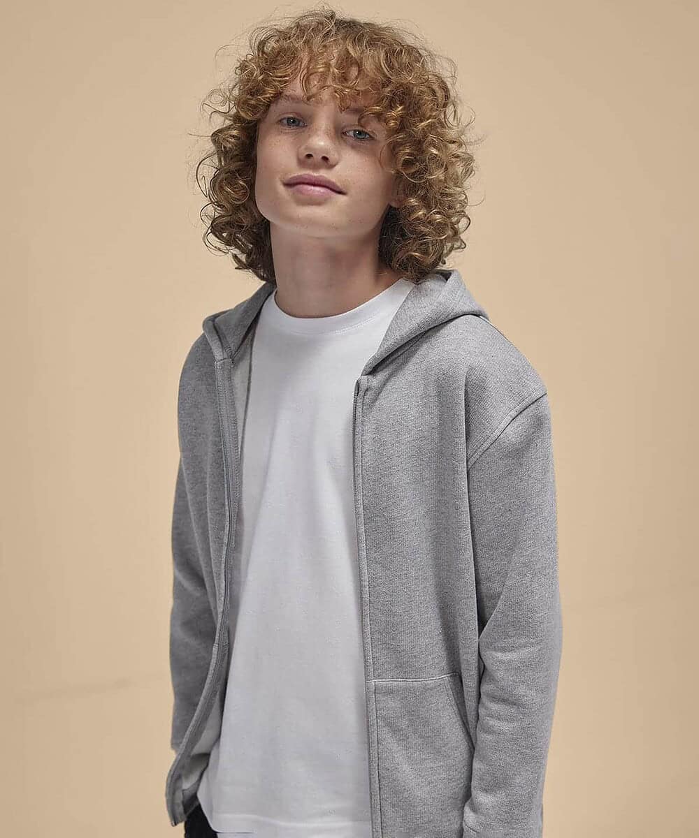 Child wearing grey zip hoodie, ideal for custom embroidery and printed designs.