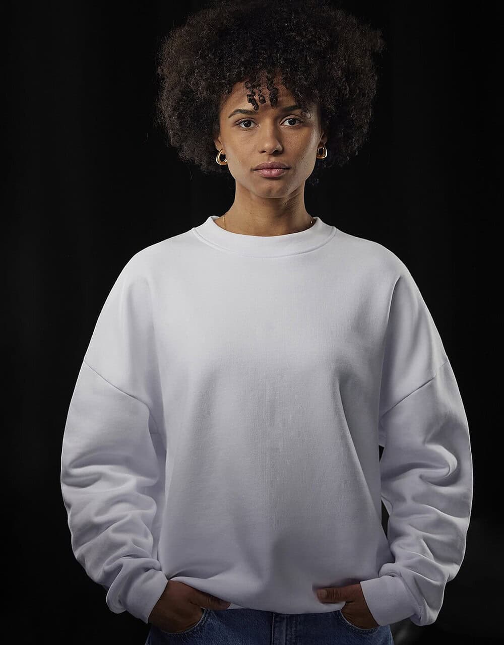 Plain white embroidered workwear sweatshirt for personalised uniforms and professional staff apparel.