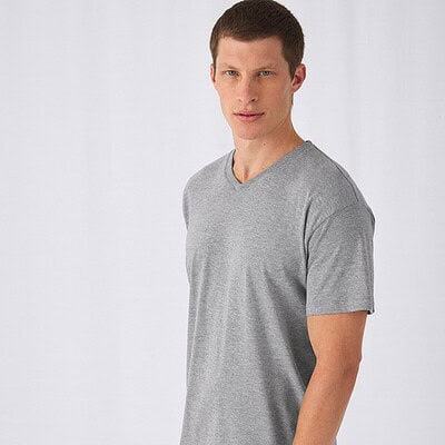 V-Neck grey T-shirt ideal for custom embroidery and printing projects.