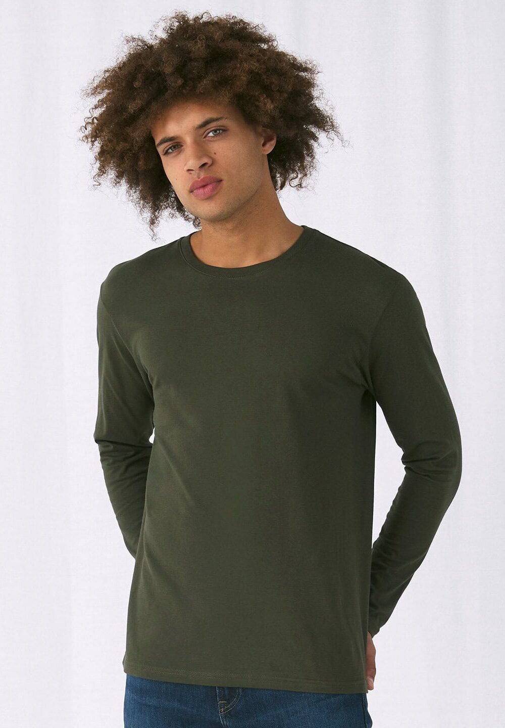 Plain olive green embroidered long sleeve workwear T-shirt for personalised uniforms and professional embroidery services.