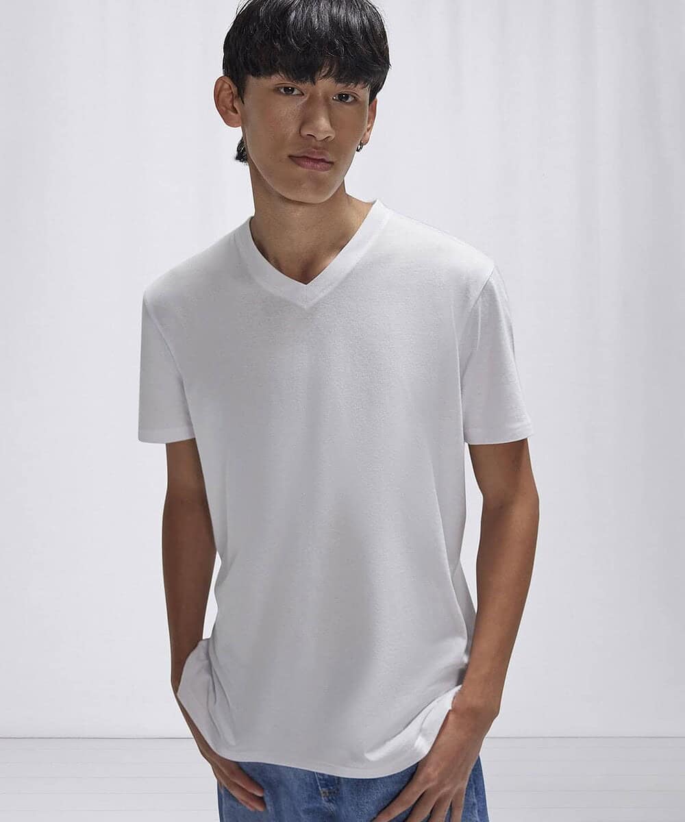 White V-neck T-shirt ideal for custom embroidery and printing.