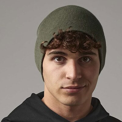 Two-Tone Pull-On Beanie in Green for Custom Embroidery.