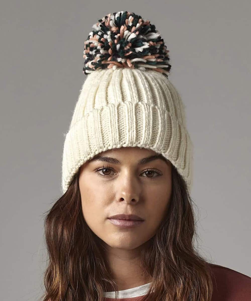 Hygge Beanie with multicoloured pom-pom, perfect for embroidery and personalised branding.