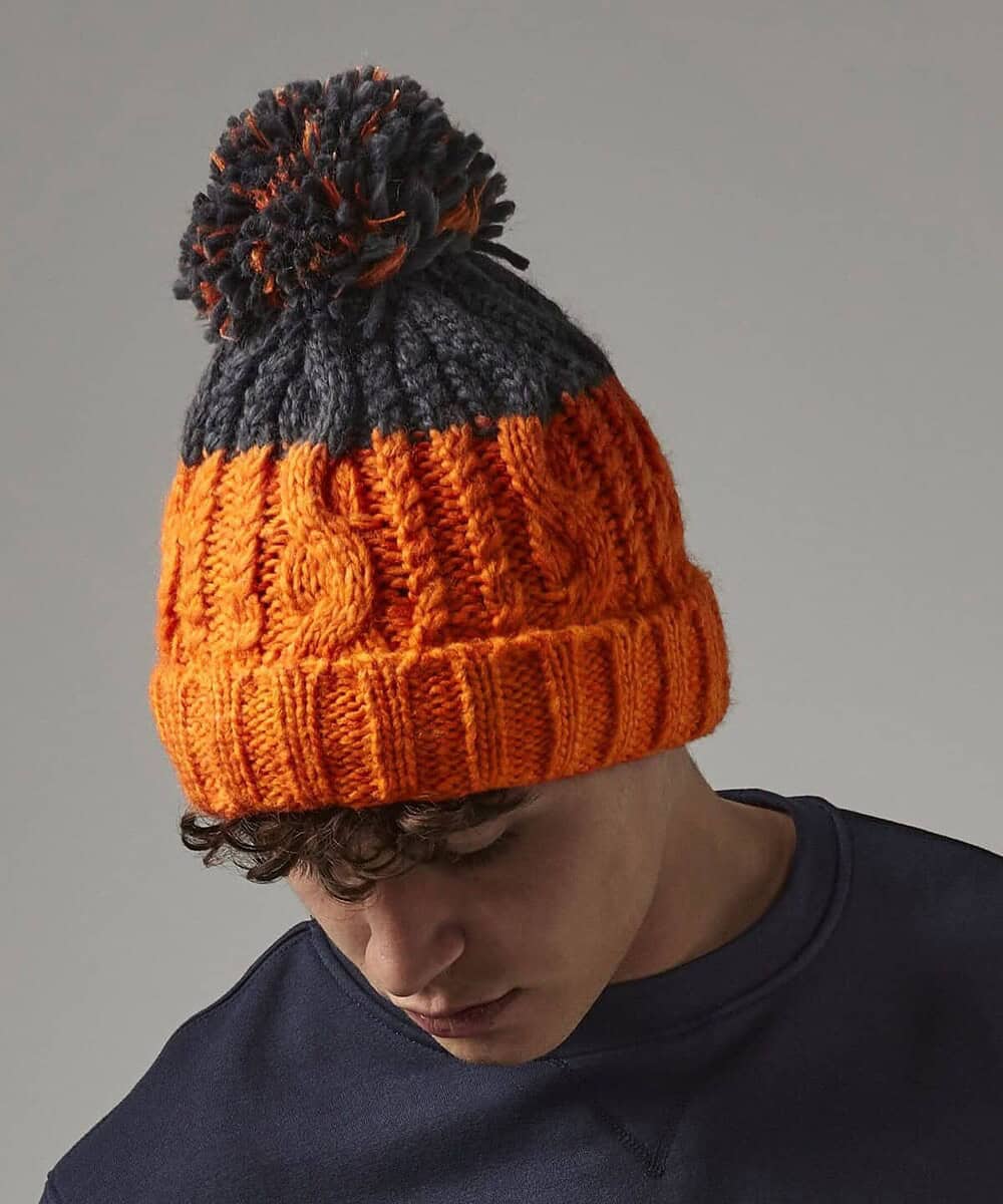 Embroidered Beechfield BC437 Apres Beanie with colourful pom-pom for custom branding.