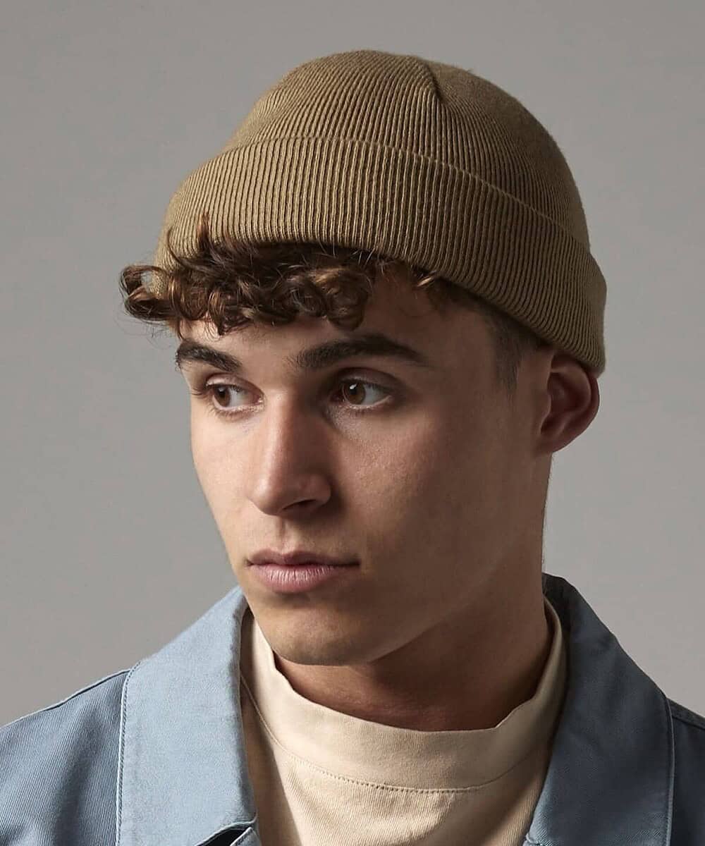 Recycled Mini Fisherman Beanie in beige, ideal for custom embroidery and promotional headwear.