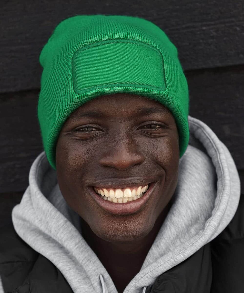 Green patch beanie for custom embroidery and branding.