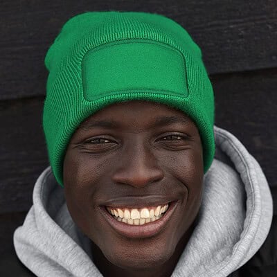 Green patch beanie for custom embroidery and branding.