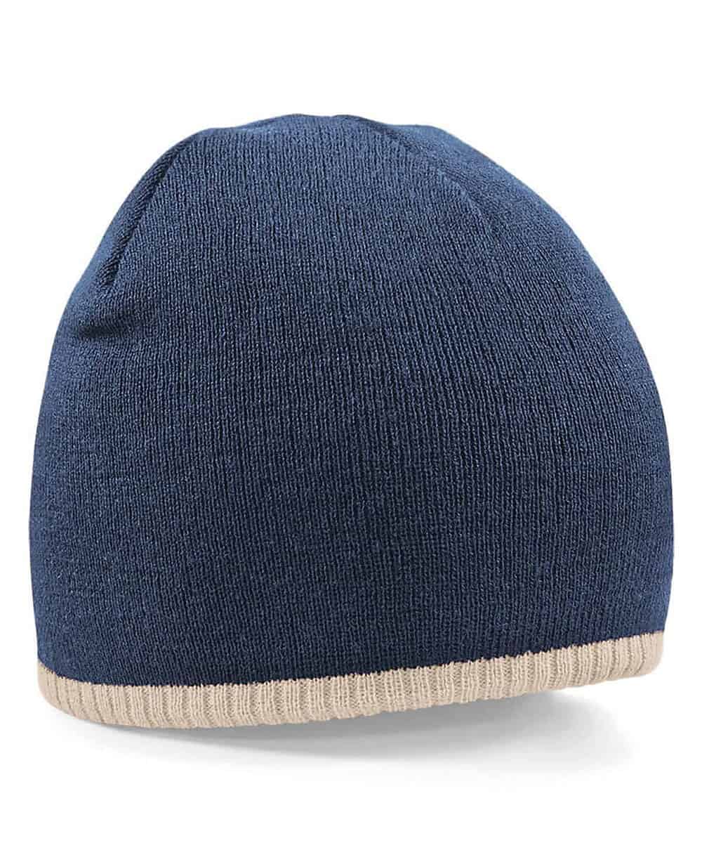 Navy and beige two-tone pull-on beanie for embroidery and custom branding.