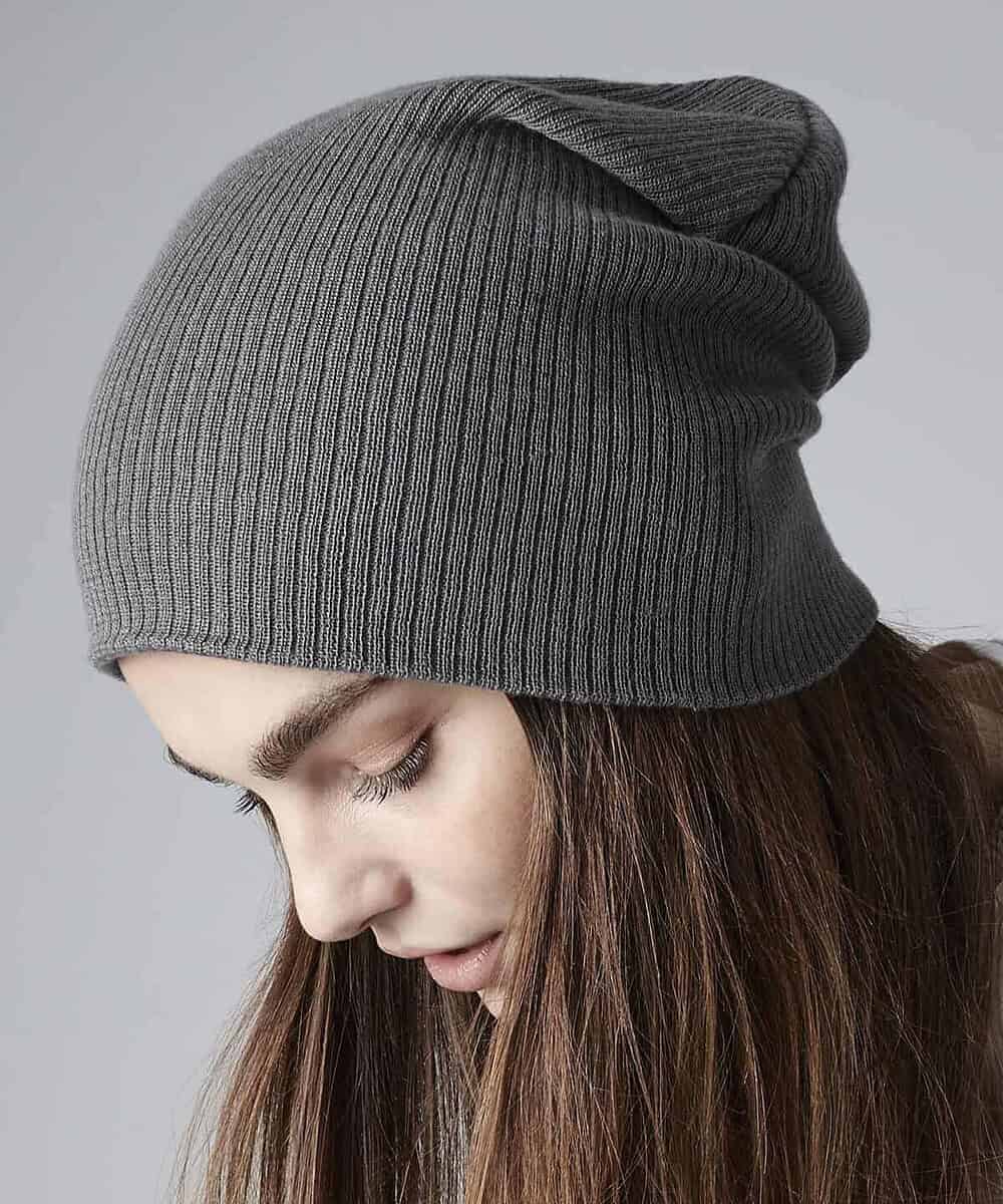 Grey slouch beanie hat, perfect for embroidery and custom branding.