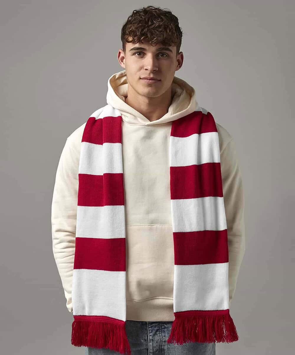 Embroidered stadium scarf with red and white stripes, perfect for team branding and sports events.