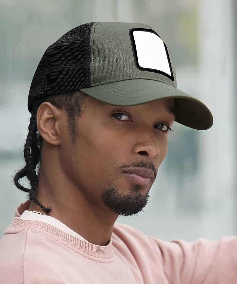 Beechfield BC636 5-Panel Trucker Cap with Applique Patch for Custom Embroidery.