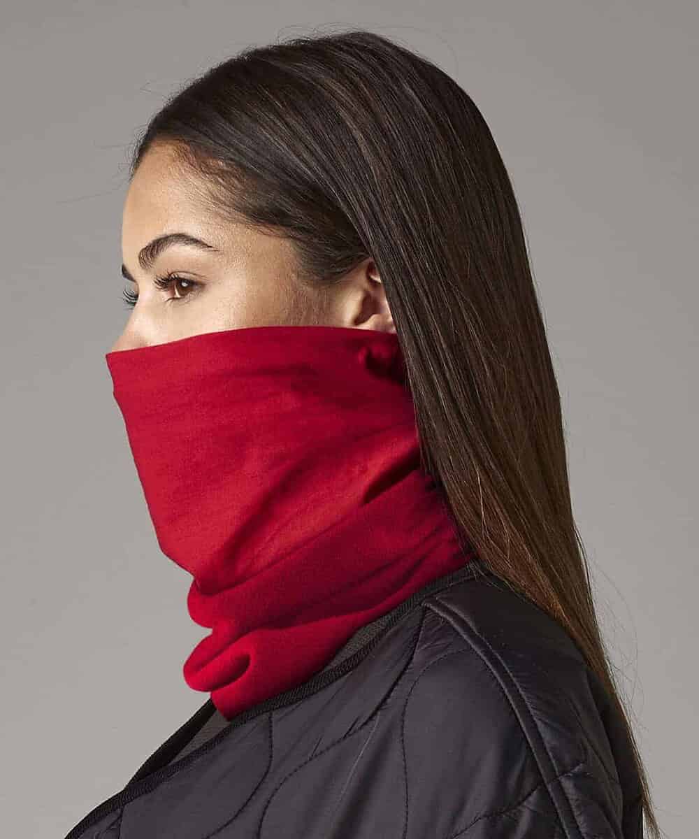 Sleek red Morf Suprafleece snood for embroidery, ideal for custom workwear and printed clothing.