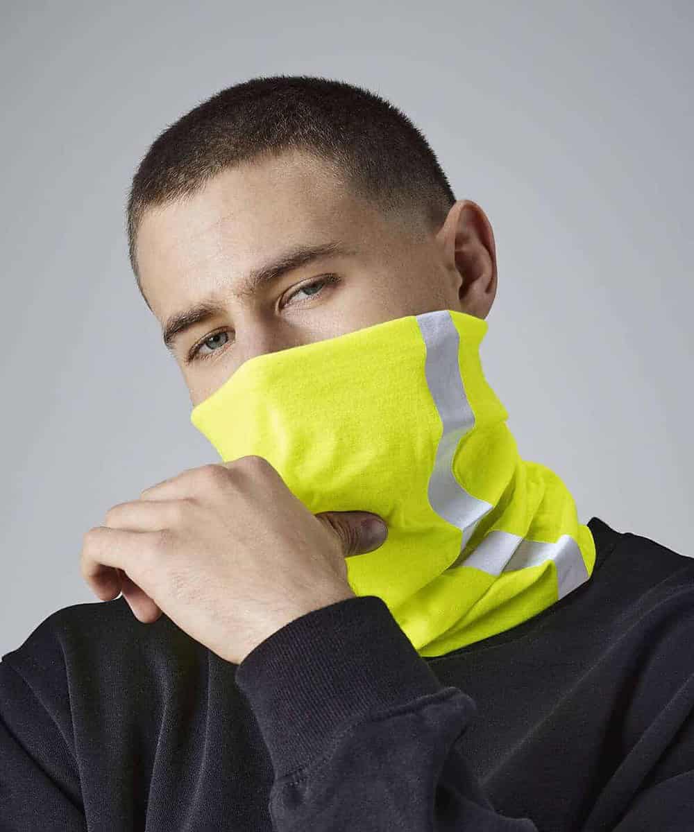 Bright yellow reflective snood for safety and visibility.