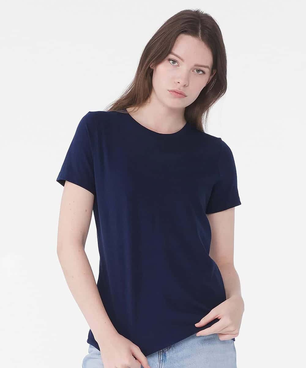 Navy blue women's relaxed fit jersey T-shirt, ideal for custom embroidery and casual wear.