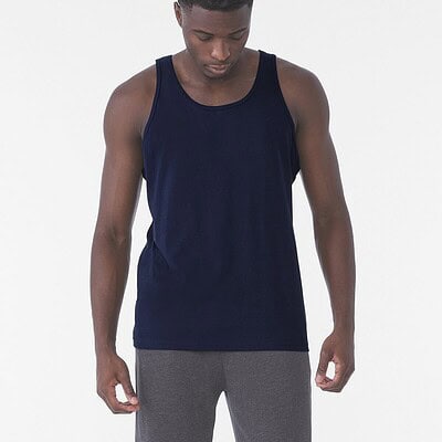 Unisex navy blue jersey tank top, ideal for custom embroidery and printing. Perfect for workwear or.